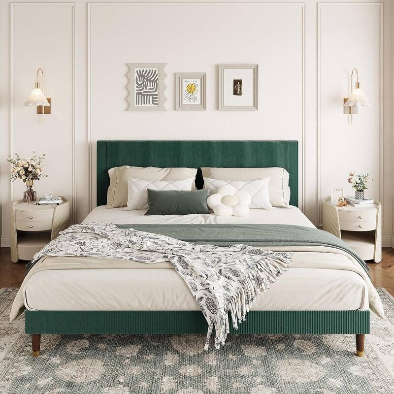 Bed Frame with Headboard, Corduroy Upholstered Platform Bed with Wooden Slats Suppor