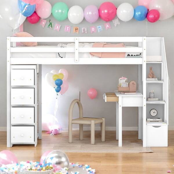 slide 2 of 30, Twin size Loft Bed with Storage Drawers, Shelves, Desk and Stairs, White White