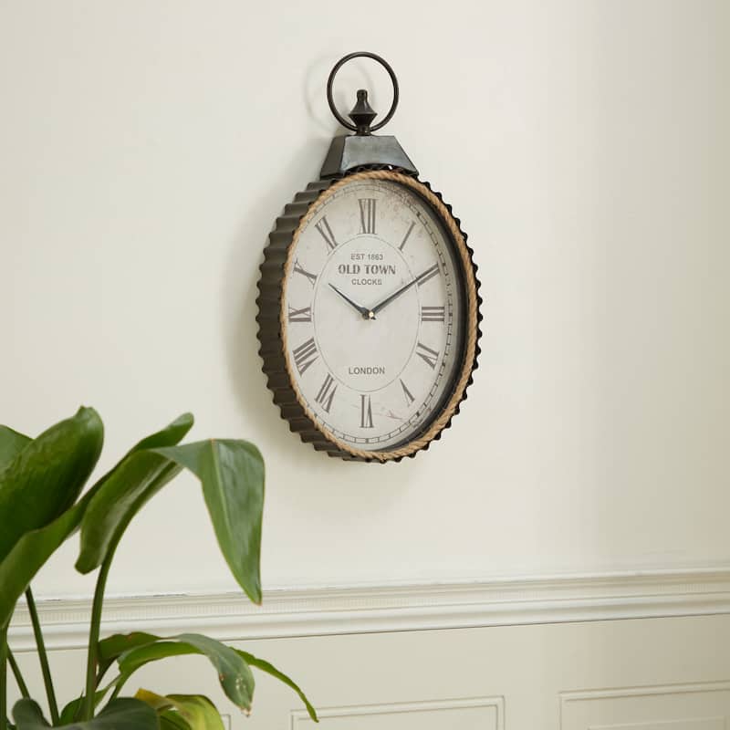 Metal Pocket Watch Style Wall Clock with Rope Accent - Black - Roche River Decor - 3"W x 12"L x 21"H