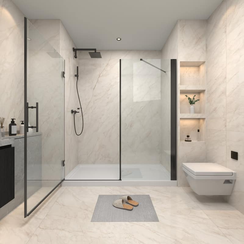 72" x 76" Pivot Semi-Frameless Shower Door in Black Finish with Tempered Glass - 76'' x 72''