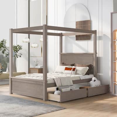 Full Size Wood Canopy Bed with 2 Drawers