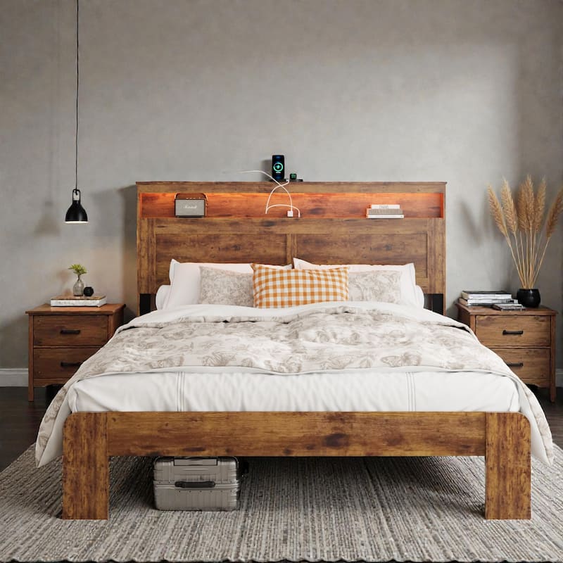 Wood Platform Bed Frame with Storage LED Headboard, 2 USB Ports, Metal Frame, No Box Spring Needed