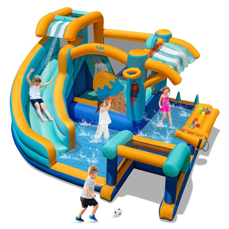 Ice Cream Party Bounce House with Slide and Jumping Area Water Cannon Basketball Football Ring Toss - 149” x 144” x 80”