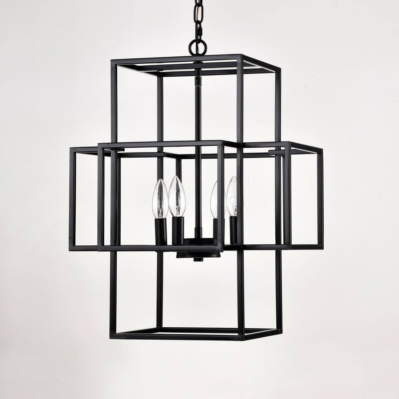 Industrial 4-Light Farmhouse Lantern Chandelier, Adjustable Height, for Dining Room and Kitchen, E12 Bulbs Not Included