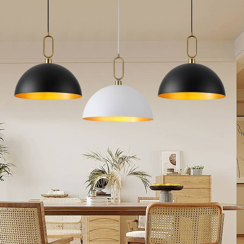 1-Light Industrial Metal Dome Pendant with Golden Ring Accent