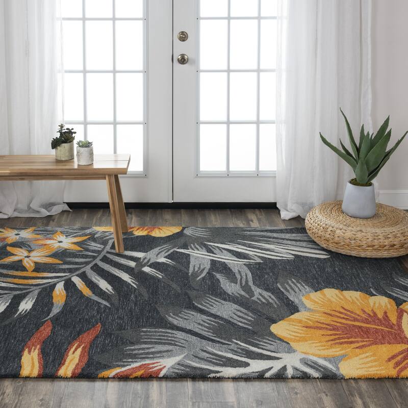 Alora Decor Mirage Tropical Charcoal Grey, Red and Gold Hand-tufted Rug - 8'9" x 11'9" - Charcoal