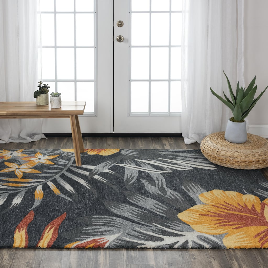 Alora Decor Mirage Tropical Charcoal Grey, Red and Gold Hand-tufted Rug