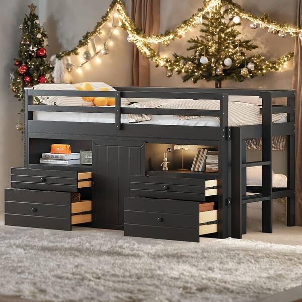 slide 2 of 45, Twin Size Loft Bed with 4 Drawers and Underneath Cabinet, Espresso Espresso