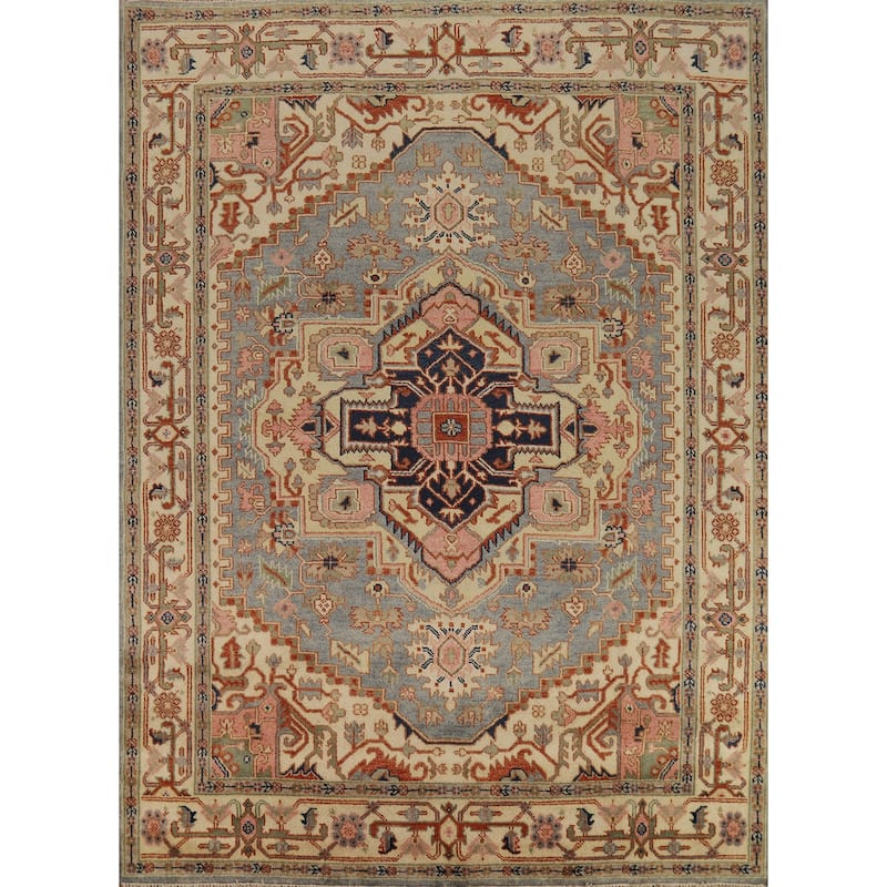 Geometric Heriz Serapi Indian Rug Hand-Knotted Wool Carpet - 7'11"x 9'10"
