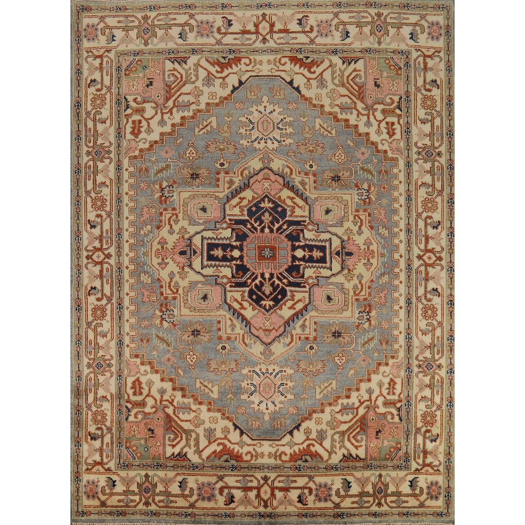 Geometric Heriz Serapi Indian Rug Hand-Knotted Wool Carpet - 7'11"x 9'10"