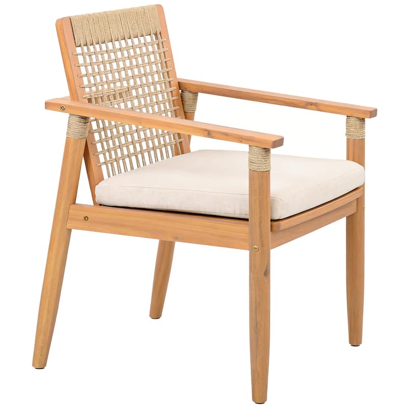Christopher Knight Home - Caldera Outdoor Acacia Wood Patio Dining Chairs with Rope Woven Backrest and Cushions, Set of 2