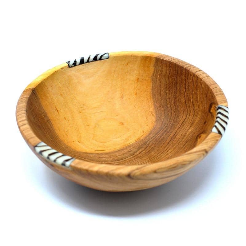 Hand-carved Rustic Olive Wood Bowl, Handmade in Kenya - 6" - Bone Inlaid