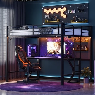 Black Queen Metal Loft Bed with LED Lights,Charging Station,Safety Guardrail and Ladder