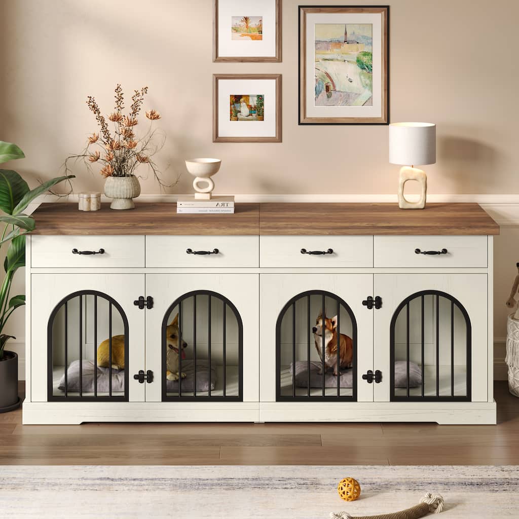 70.8" Large Dog Crate Furniture for 2 Dogs, Dog Kennel Indoor with Door and 4 Drawers, End Table, TV Stand for Medium Small Dogs