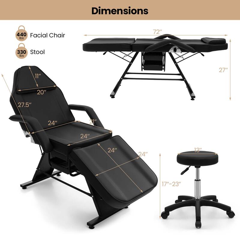 72" Massage Bed -3-Section Tattoo Chair w/ Hydraulic Stool