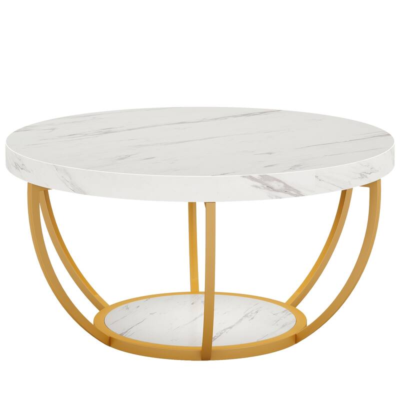 Modern Round Coffee Table, 31.7" 2 Tier Coffee Table with Faux White Marble and Golden Metal Legs, Circle Center Table