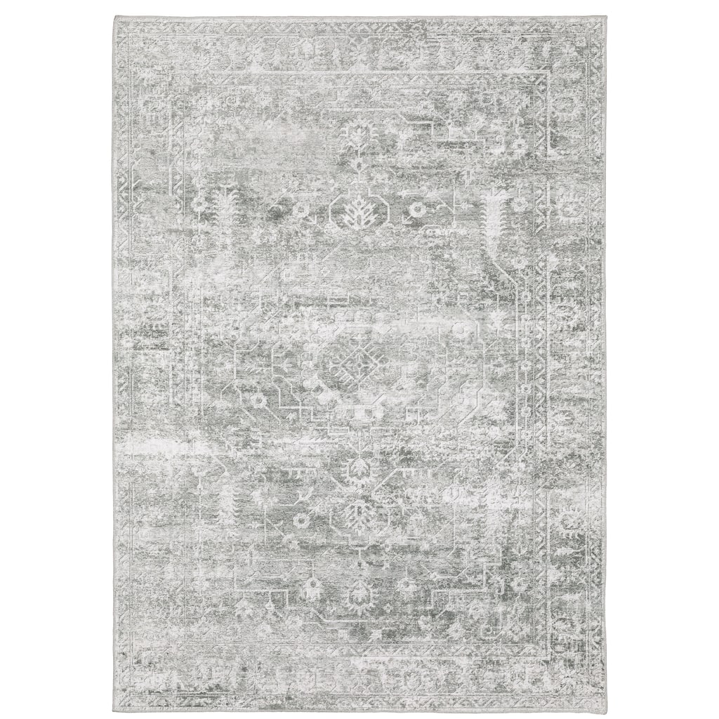 Loos Grey Ivory Oriental Distressed Washable Casual Area Rug