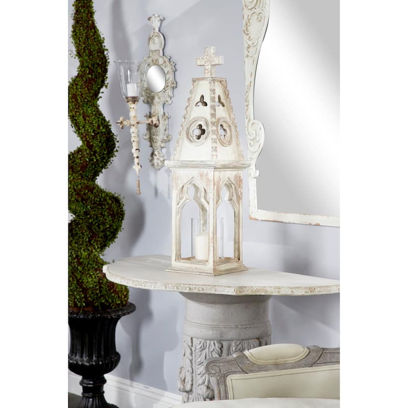 White Wood Standing Decorative Indoor Outdoor Candle Lantern - White - 8"W, 28"H