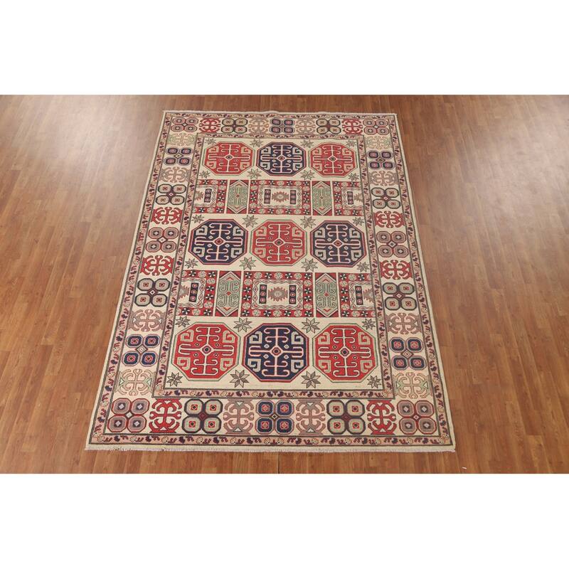 All-Over Geometric Kazak Area Rug Handmade Wool Carpet - 6'9" x 9'6"