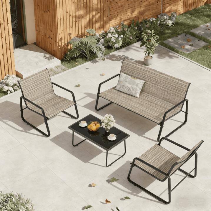 Kullavik 4 Pieces Textile Patio Conversation Set with Coffee Table, Loveseat and 2 Single Chairs - Brown