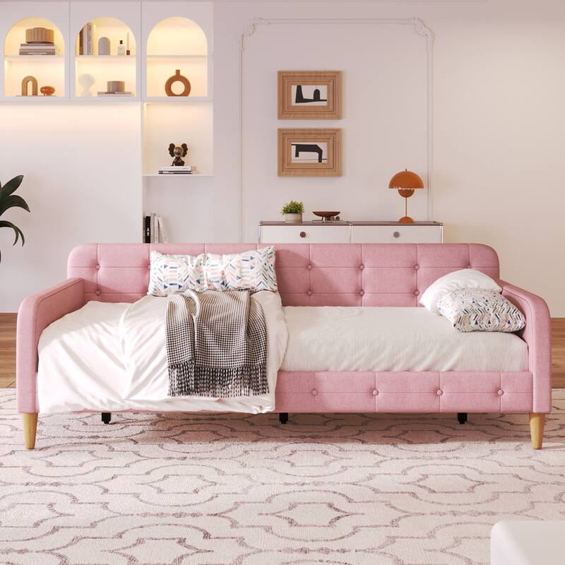 Elegant Style Linen Fabric Daybed, Upholstered Tufted Button Platform Sofa Bed Frame with 4 Solid Pine Wood Legs - Pink - Twin