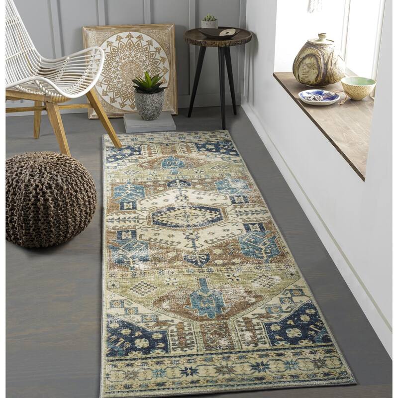 Livabliss Traditional Erin Medallion Area Rug - 2'7" x 7'7" - Olive/Camel