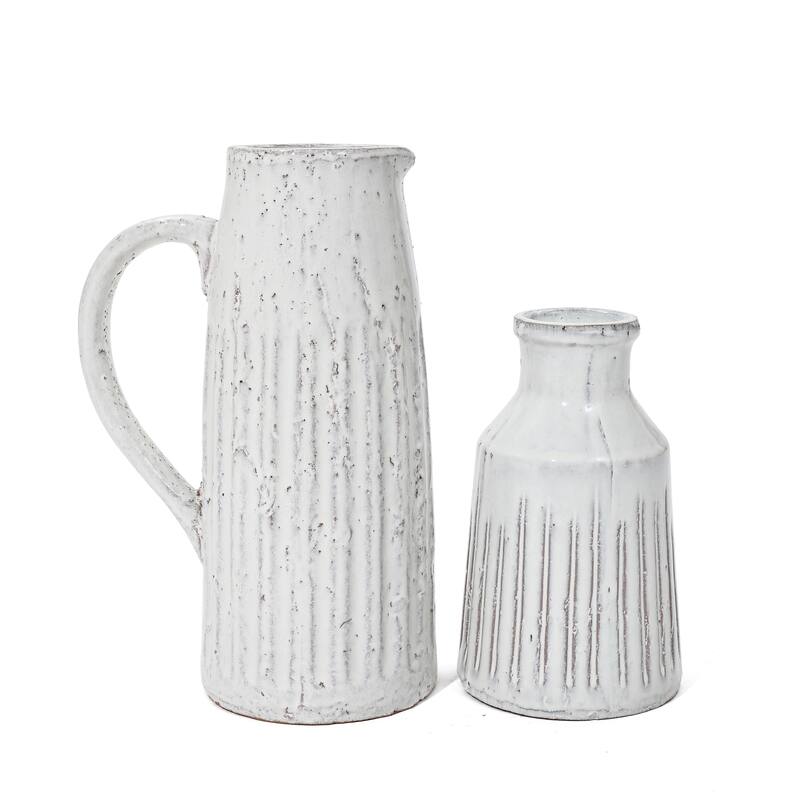 2-Piece Vintage White Ribbed Terracotta Pitcher Vase Set