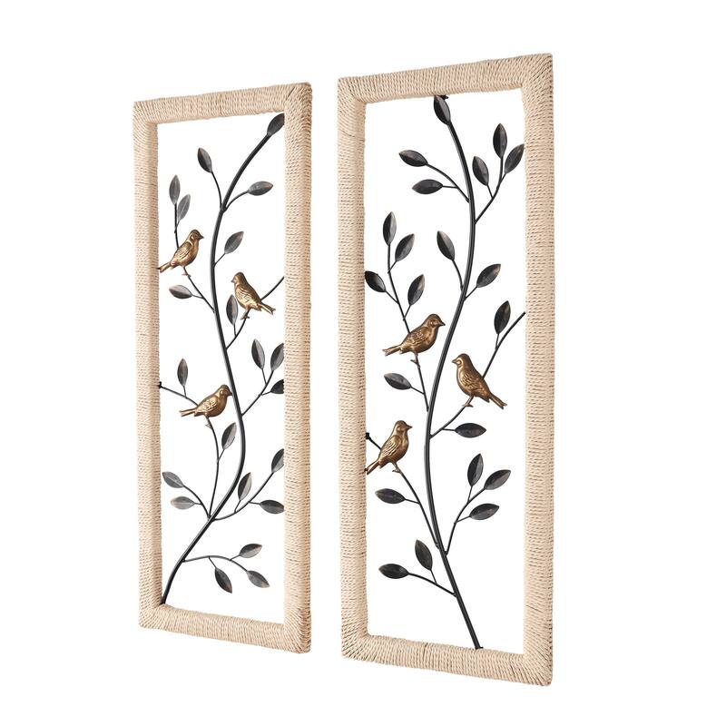 Black Metal Leaf Home Wall Decor with Cream Rattan Frame and Bronze Bird Accents (Set of 2)