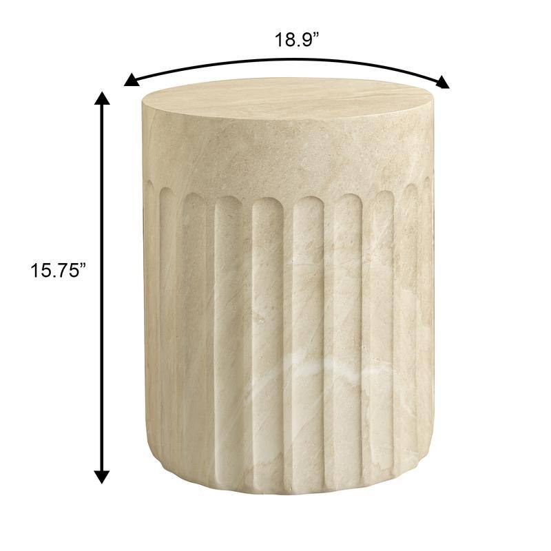 Zenvio Modern Cylindical Marble Side Table with Accent Painted Finish and Vertical Grooves for Living Room, Bedroom or Patio