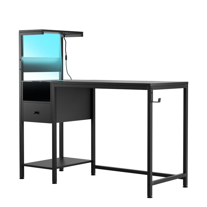 Computer Desk with Power Outlet & Storage Shelves, Study Writing Table with USB Ports Charging Station