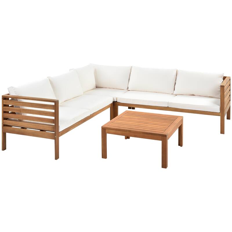 Roomfitters 3-Piece Outdoor Sectional Sofa Set with Coffee Table, Solid Wood Frame L-Shaped Patio Furniture