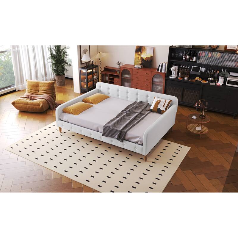 Roomfitters Full Size Upholstered Daybed, Mid-Century Modern Fabric Sleeper Sofa Bed with Tapered Wood Legs, Beige