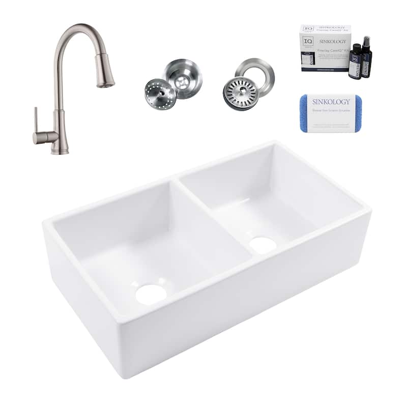 Turner Crisp White Fireclay 33" Double Bowl Farmhouse Apron Front Undermount Kitchen Sink with Pfirst Faucet Kit