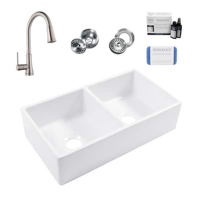 Turner Crisp White Fireclay 33" Double Bowl Farmhouse Apron Front Undermount Kitchen Sink with Pfirst Faucet Kit