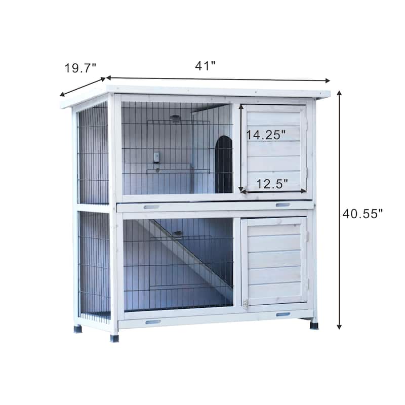 Rabbit Hutch,2-Story Rabbit Bunny Cage Indoor with Run,,2 Removable No-Leak Trays,Pet Cages,Non-Slip Ramp,Waterproof Roof,Fence