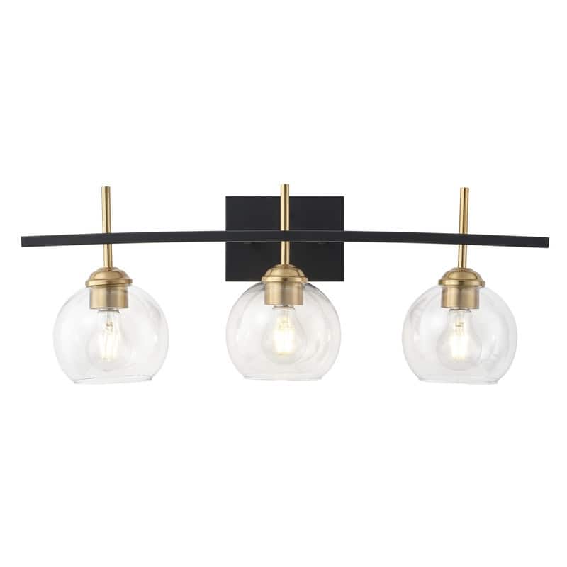 3 Light Industrial Vanity Light Matte Black with Antique Copper Accents Clear Tube Glass Shades