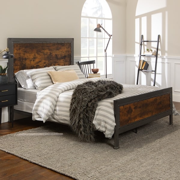 slide 2 of 10, Middlebrook Santos Queen-size Industrial Metal and Faux Wood Panel Bed Rustic Brown