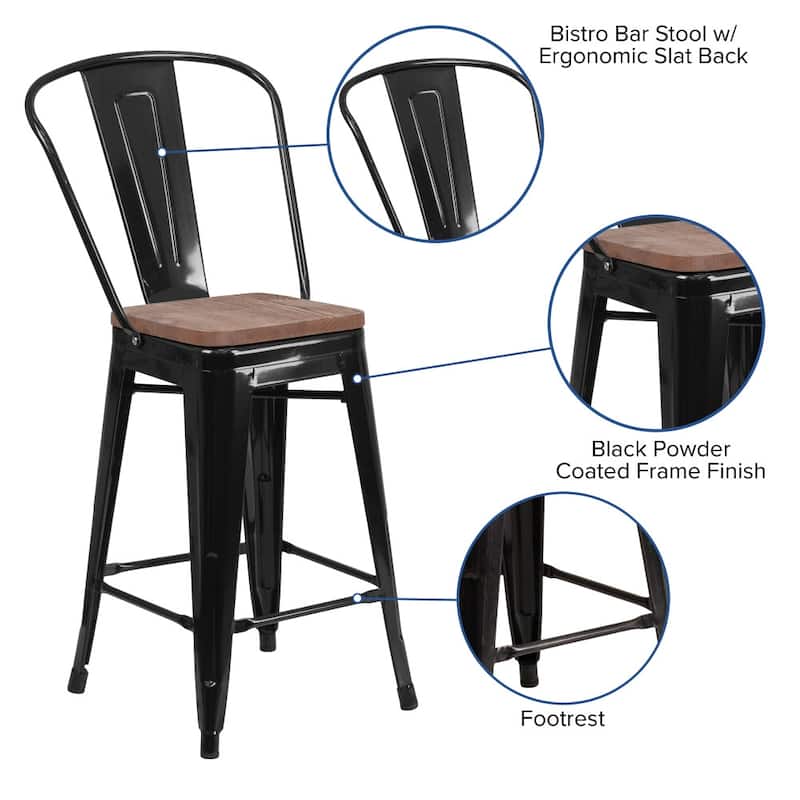 4 Pack 24" High Metal Counter Height Stool with Back and Wood Seat - 17.75"W x 20"D x 39.25"H