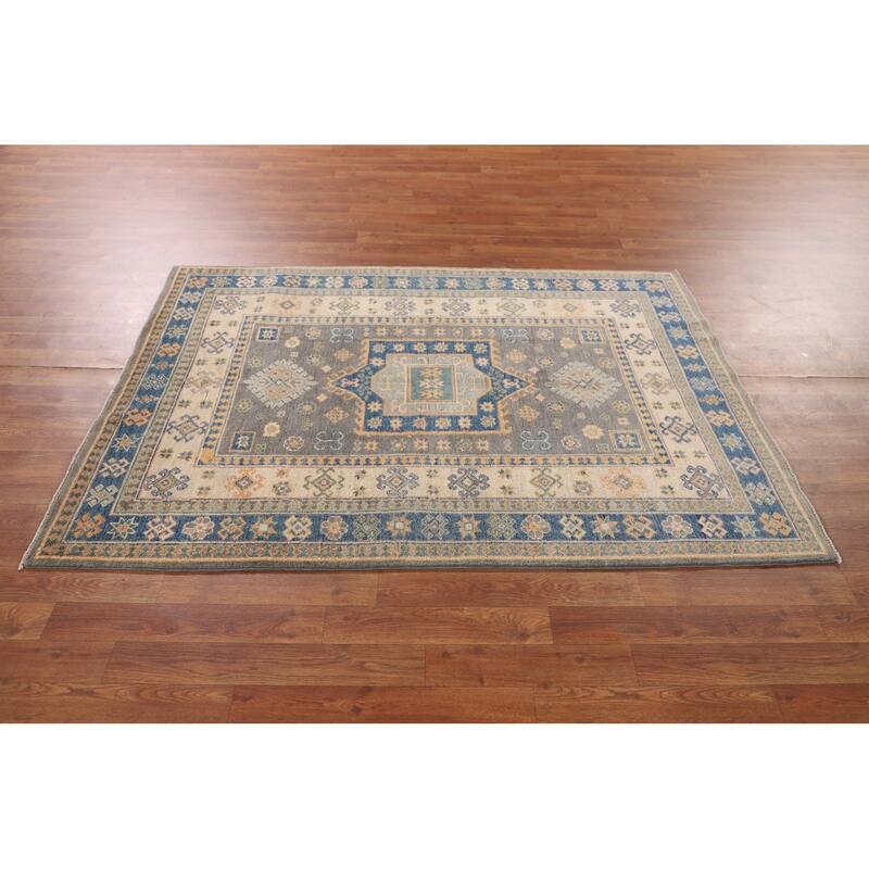 Geometric Kazak Area Rug Handmade Oriental Wool Carpet - 4'0" x 5'9"