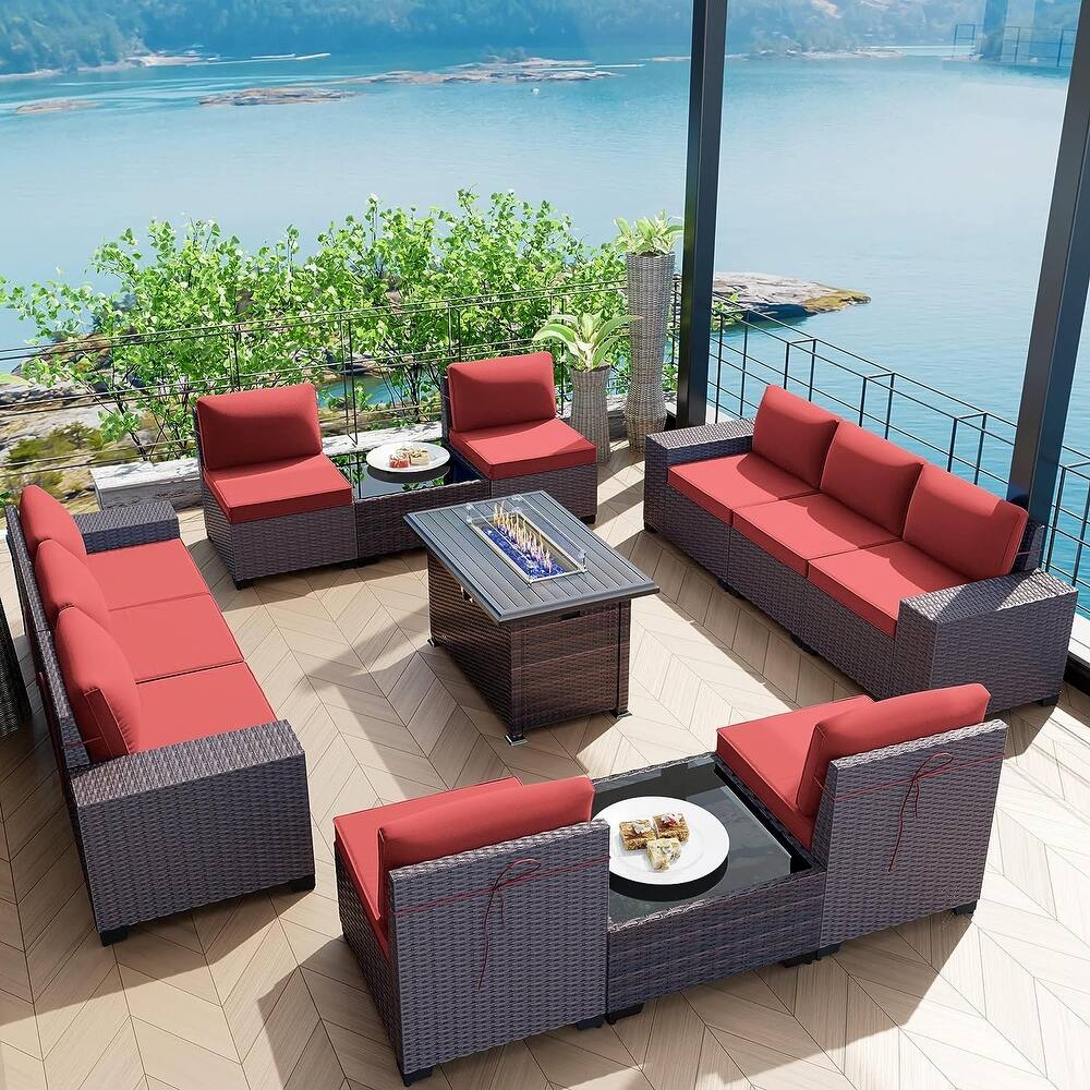 Delnavik 13 Pieces Outdoor Patio Furniture Set with Fire Pit Table w/ Wide Armrests