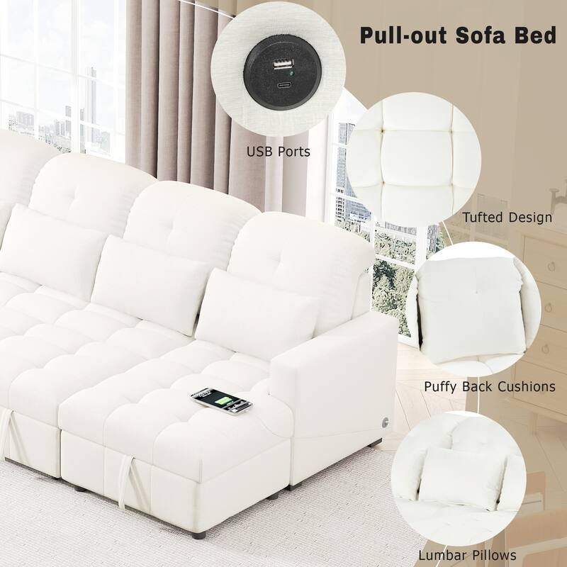 110.2" Oversized U-shaped Sectional Sofa Bed, Double Storage, 2 USB Ports, Beige Chenille for Living Room
