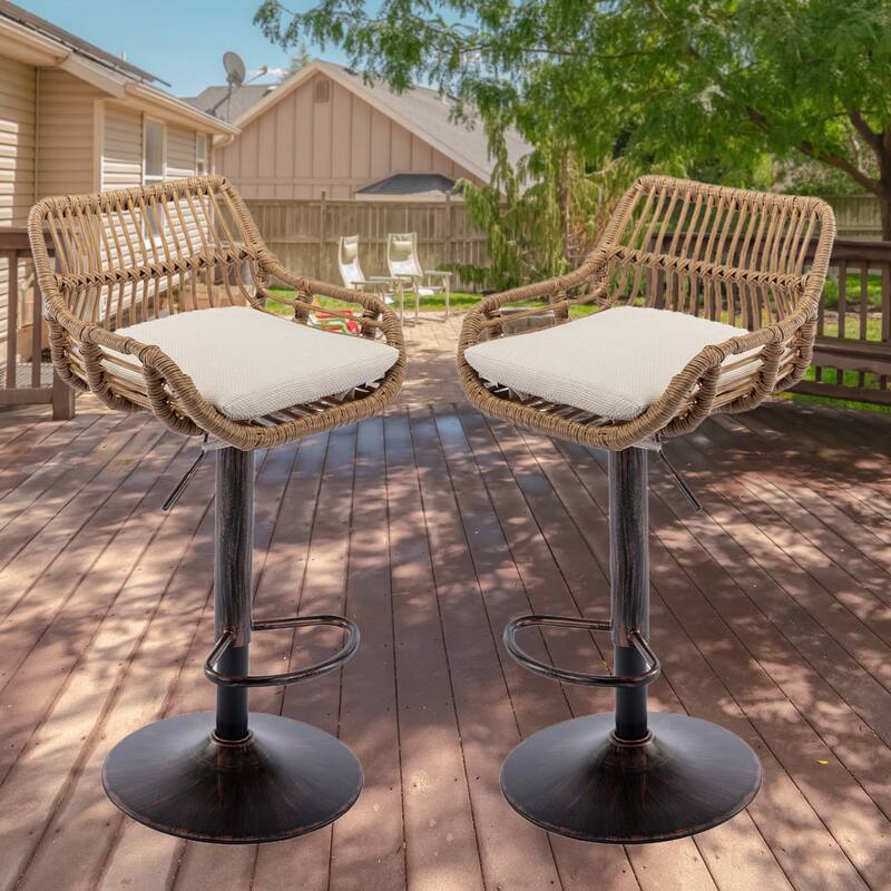 Plastic Rattan Linen Swivel Adjustable Height Bar Stools With Footrest(set of 2) - Beige