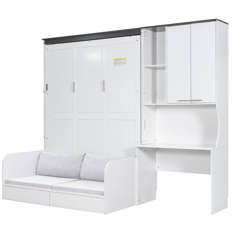 Roomfitters Multi-Functional Murphy Bed with Foldable Sofa, Built-in Desk, and Storage Cabinet, White