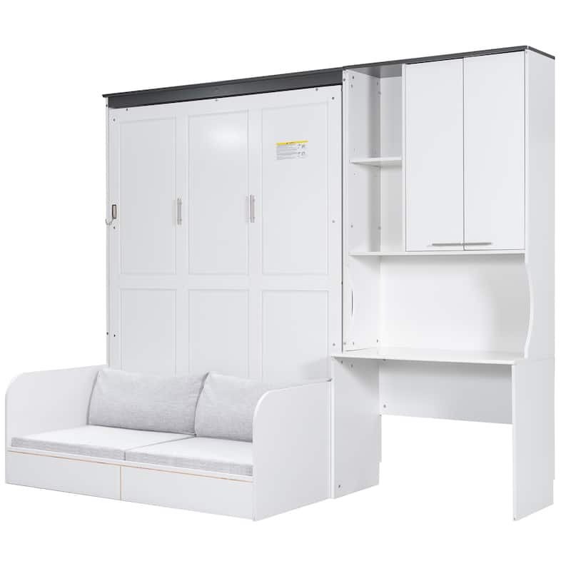 Space-saving Foldable Bed Design Murphy Bed Foldable Platform Bed with Sofa, All-in-one Storage Bookcase Cabinet and Desk