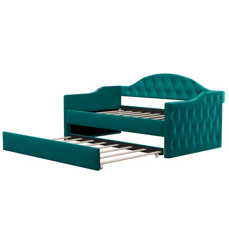 Twin Size Tufted Upholstered Daybed, Velvet Fabric Sofa Bed Frame with Trundle, Living Room Twin Daybed Frame with USB Ports