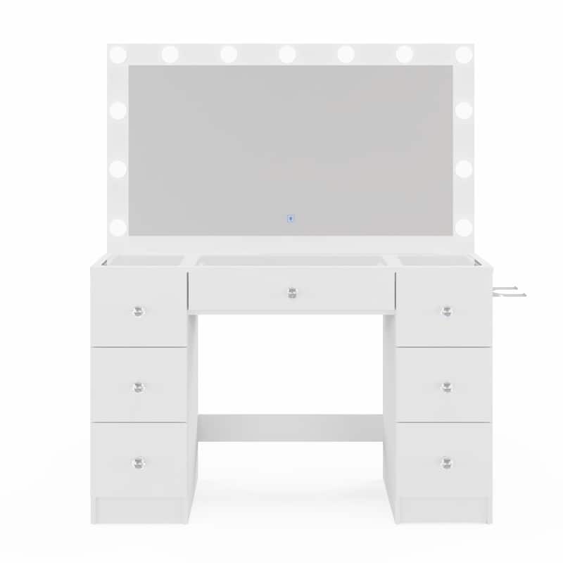 Modern White Makeup Vanity Desk with 13 Dimmable Lights, Glass Top, USB-A & USB-C, 7 Drawers, Hair Dryer Holder, and Stool