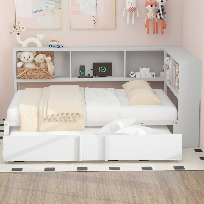 Full Size Metal Daybed with Trundle, Storage Cabinets, USB Ports