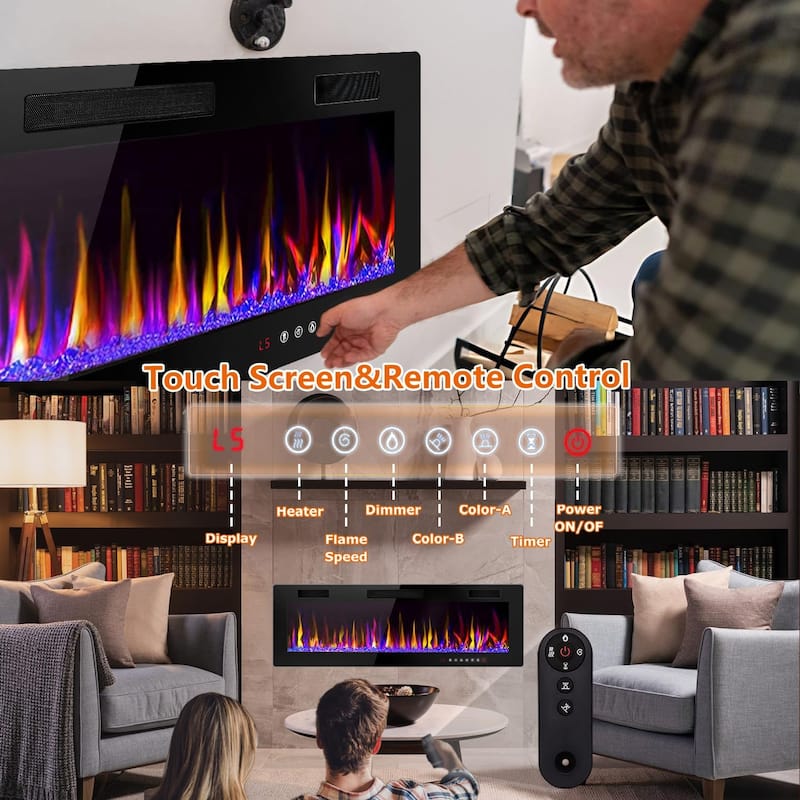 BOSSIN Electric Fireplace - Recessed or Wall Mounted Heater, 750/ 1500W, Adjustable Flame, Remote & Touch Control, Timer