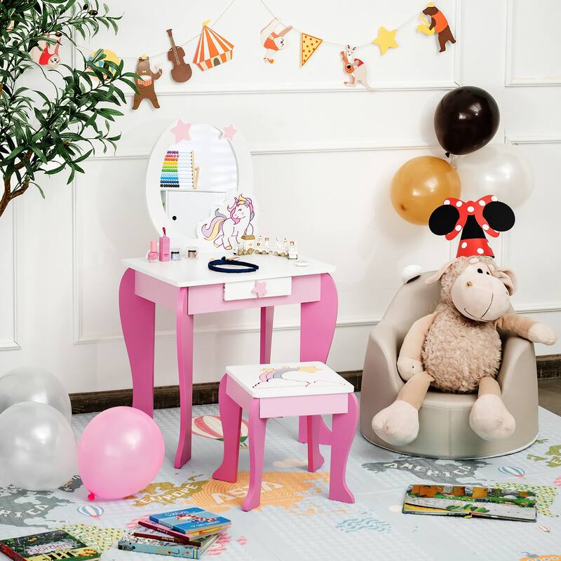 Kids Vanity Set with Mirror Wooden Princess Makeup Table and Stool Set