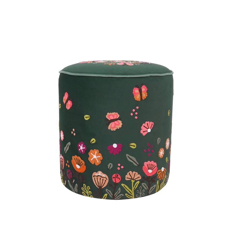Handmade Floral Embroidered Round Pouf Ottoman - 18" - Green